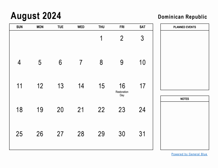 August 2024 Printable Monthly Calendar with Dominican Republic Holidays