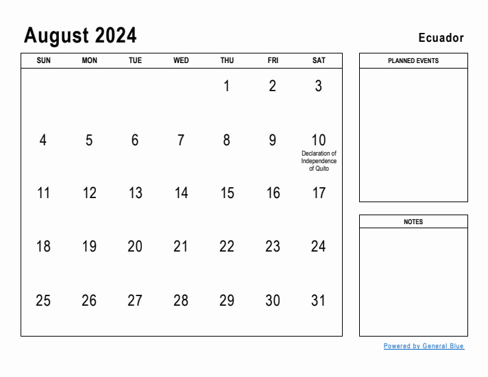 August 2024 Printable Monthly Calendar with Ecuador Holidays