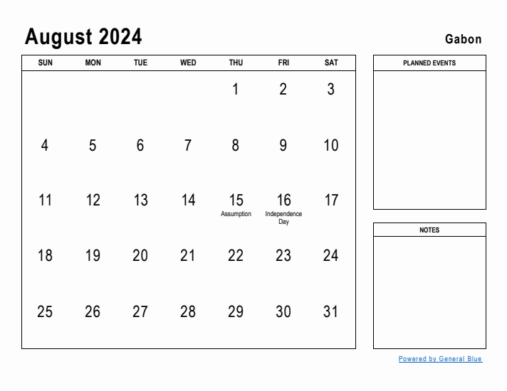 August 2024 Printable Monthly Calendar with Gabon Holidays