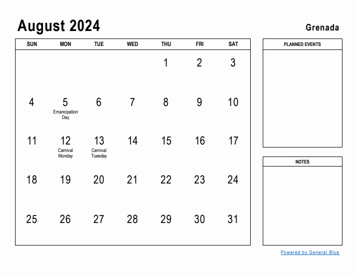 August 2024 Printable Monthly Calendar with Grenada Holidays