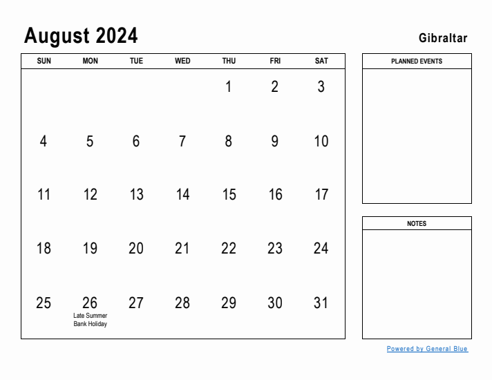 August 2024 Printable Monthly Calendar with Gibraltar Holidays