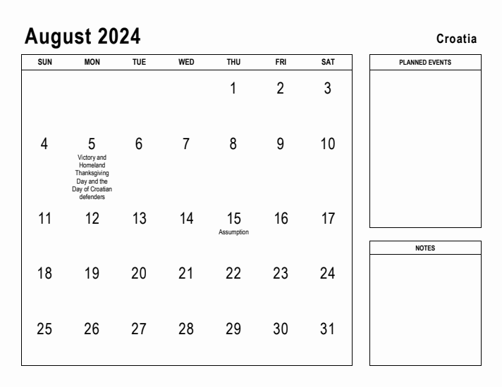 August 2024 Printable Monthly Calendar with Croatia Holidays