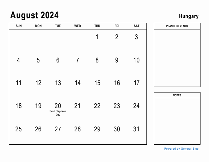 August 2024 Printable Monthly Calendar with Hungary Holidays