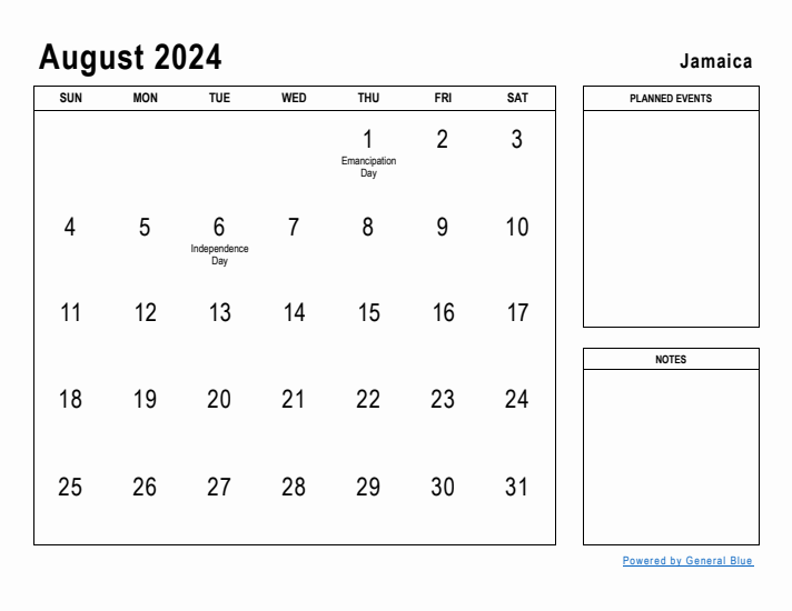 August 2024 Printable Monthly Calendar with Jamaica Holidays