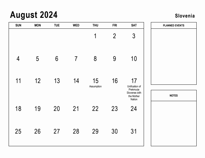 August 2024 Printable Monthly Calendar with Slovenia Holidays