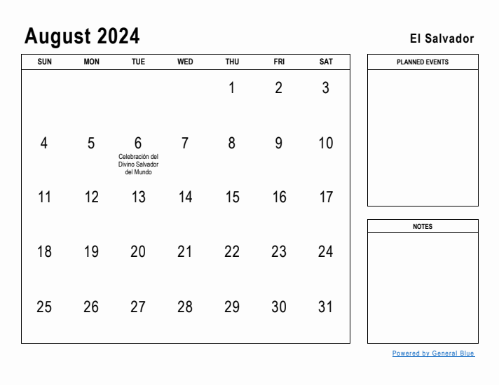 August 2024 Printable Monthly Calendar with El Salvador Holidays