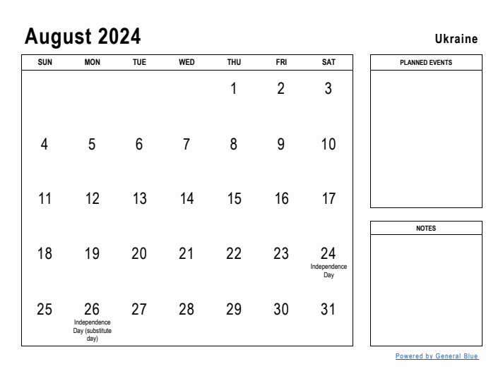 August 2024 Printable Monthly Calendar with Ukraine Holidays