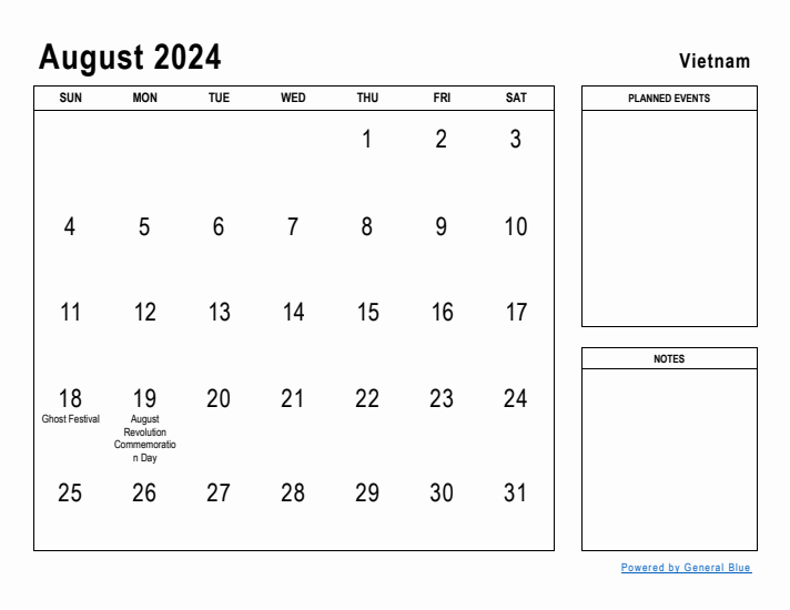 August 2024 Printable Monthly Calendar with Vietnam Holidays