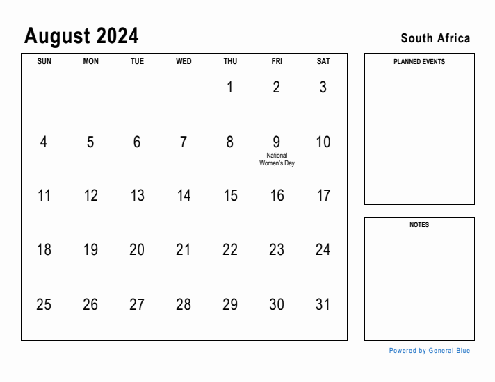 August 2024 Printable Monthly Calendar with South Africa Holidays