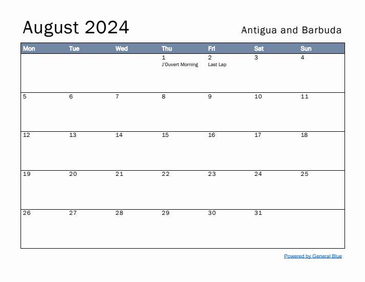 August 2024 Simple Monthly Calendar for Antigua and Barbuda