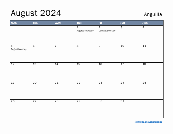 August 2024 Simple Monthly Calendar for Anguilla