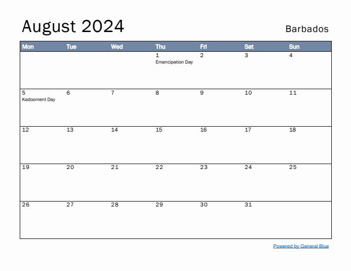 August 2024 Simple Monthly Calendar for Barbados