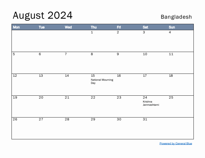 August 2024 Simple Monthly Calendar for Bangladesh