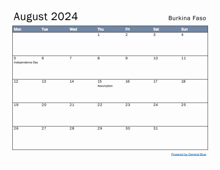 August 2024 Simple Monthly Calendar for Burkina Faso