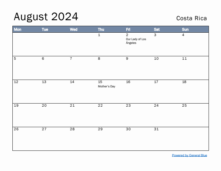 August 2024 Simple Monthly Calendar for Costa Rica