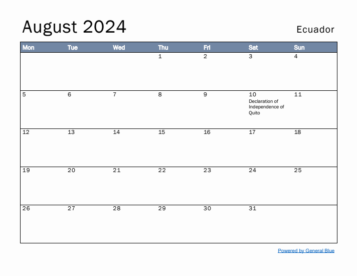 August 2024 Simple Monthly Calendar for Ecuador