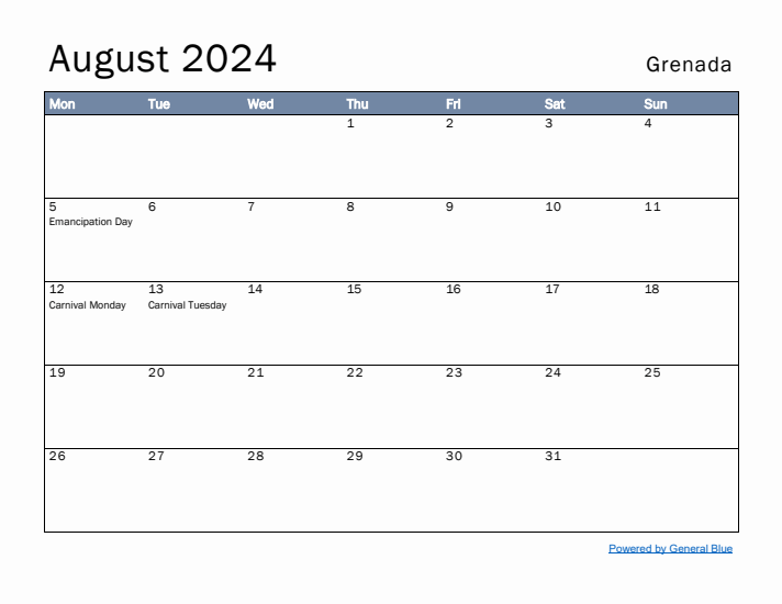 August 2024 Simple Monthly Calendar for Grenada