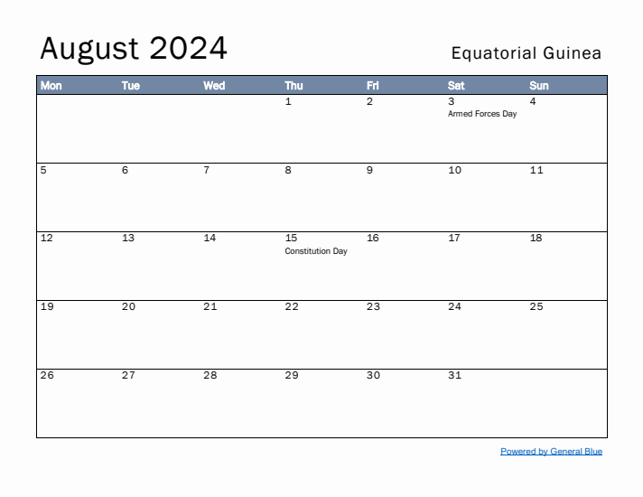 August 2024 Simple Monthly Calendar for Equatorial Guinea