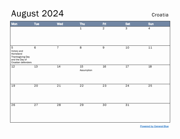 August 2024 Simple Monthly Calendar for Croatia