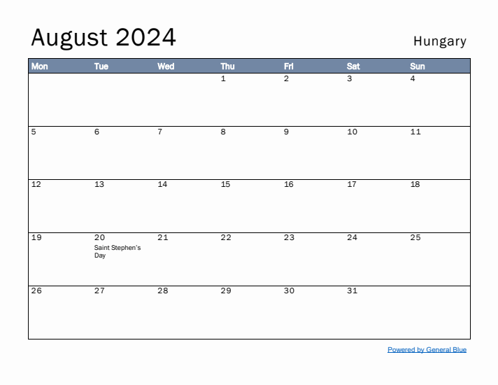 August 2024 Simple Monthly Calendar for Hungary