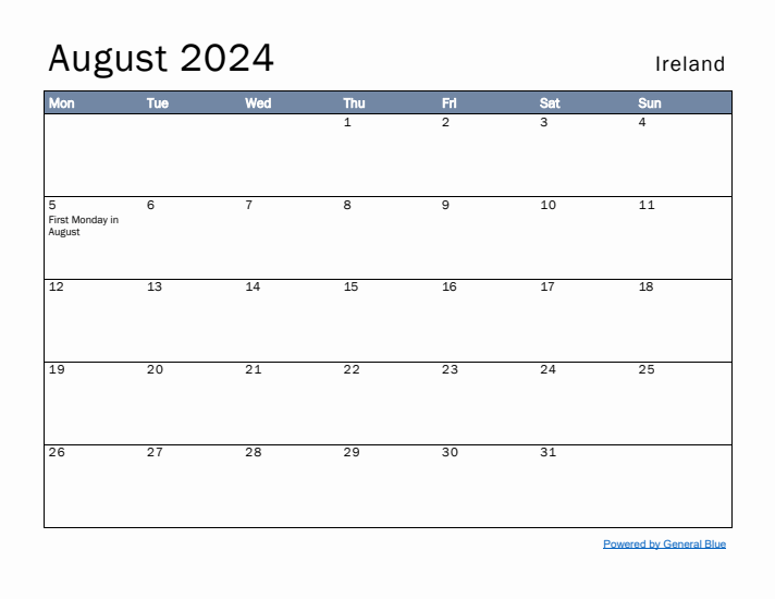 August 2024 Simple Monthly Calendar for Ireland