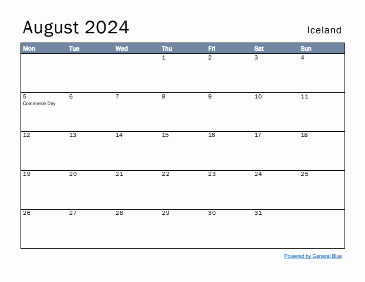 August 2024 Simple Monthly Calendar for Iceland