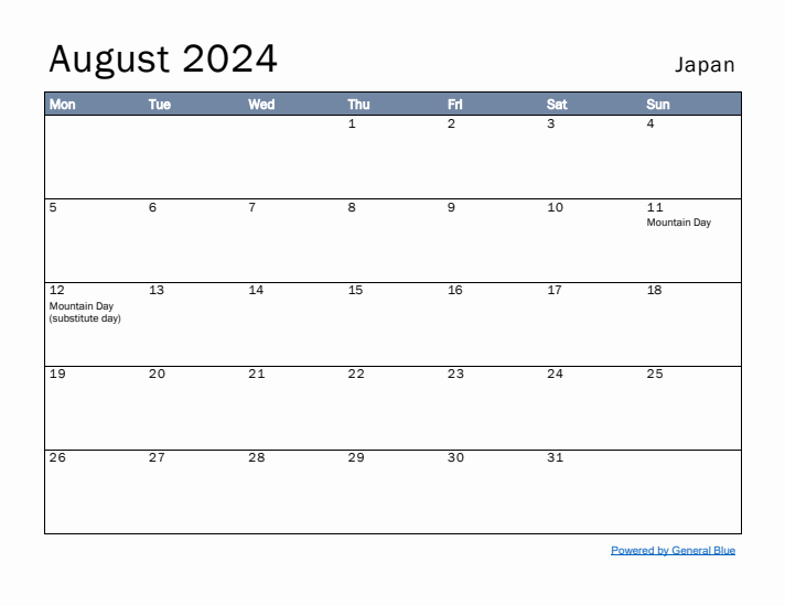 August 2024 Simple Monthly Calendar for Japan