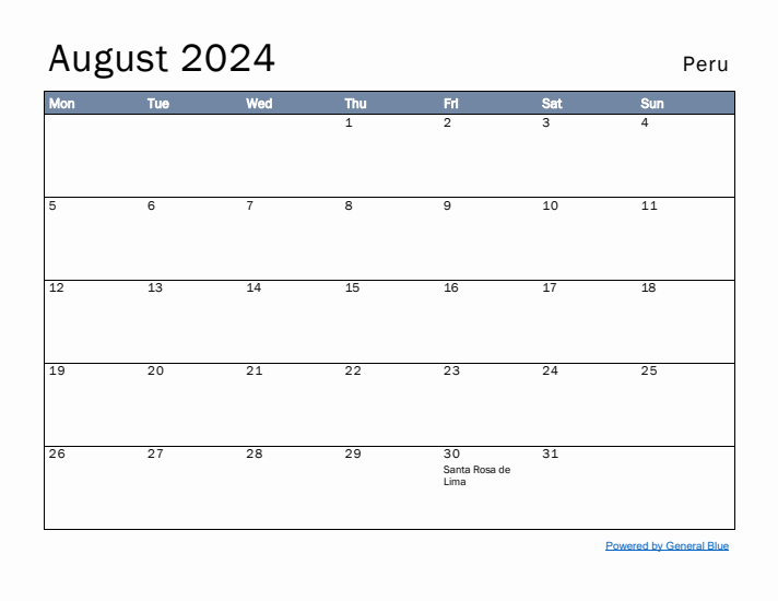 August 2024 Simple Monthly Calendar for Peru