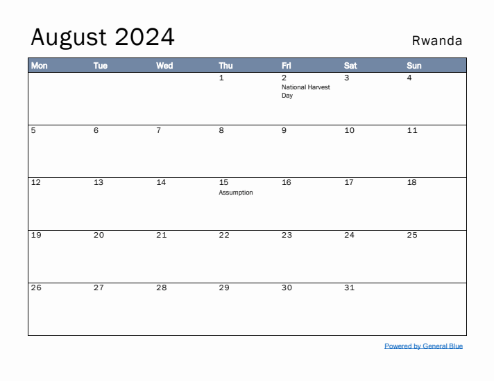 August 2024 Simple Monthly Calendar for Rwanda