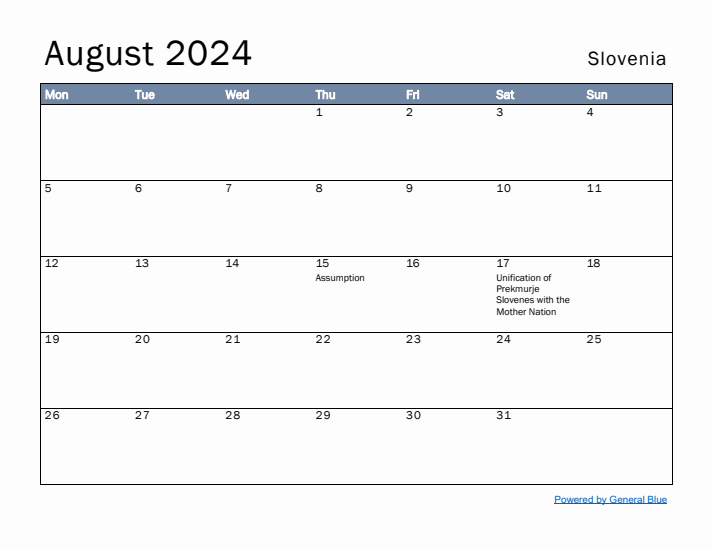 August 2024 Simple Monthly Calendar for Slovenia