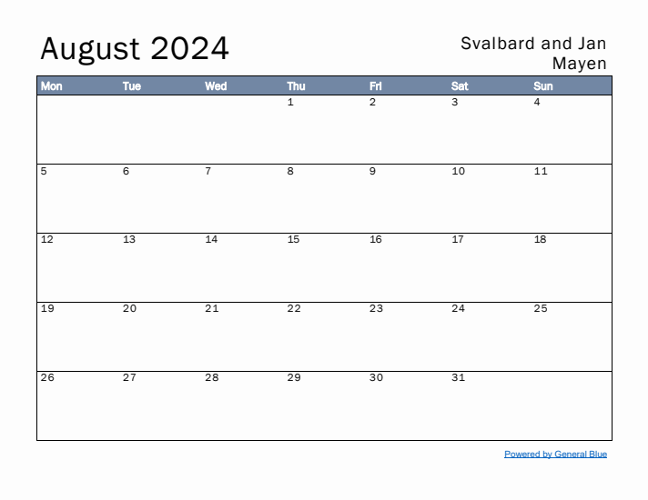 August 2024 Simple Monthly Calendar for Svalbard and Jan Mayen