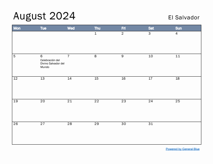 August 2024 Simple Monthly Calendar for El Salvador