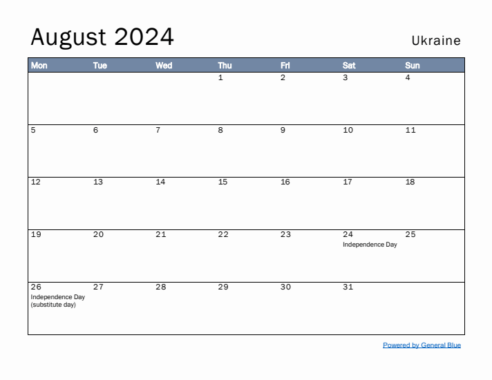 August 2024 Simple Monthly Calendar for Ukraine