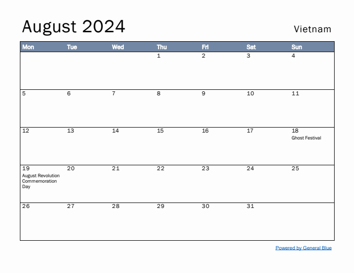 August 2024 Simple Monthly Calendar for Vietnam