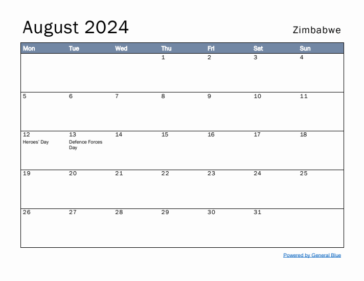 August 2024 Simple Monthly Calendar for Zimbabwe