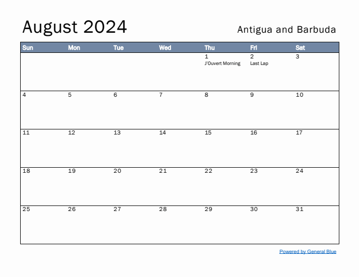 August 2024 Simple Monthly Calendar for Antigua and Barbuda