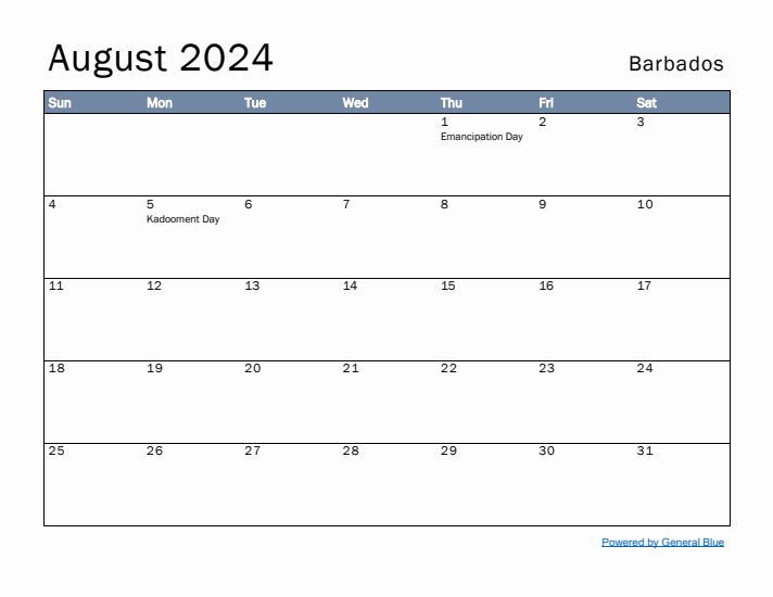 August 2024 Simple Monthly Calendar for Barbados