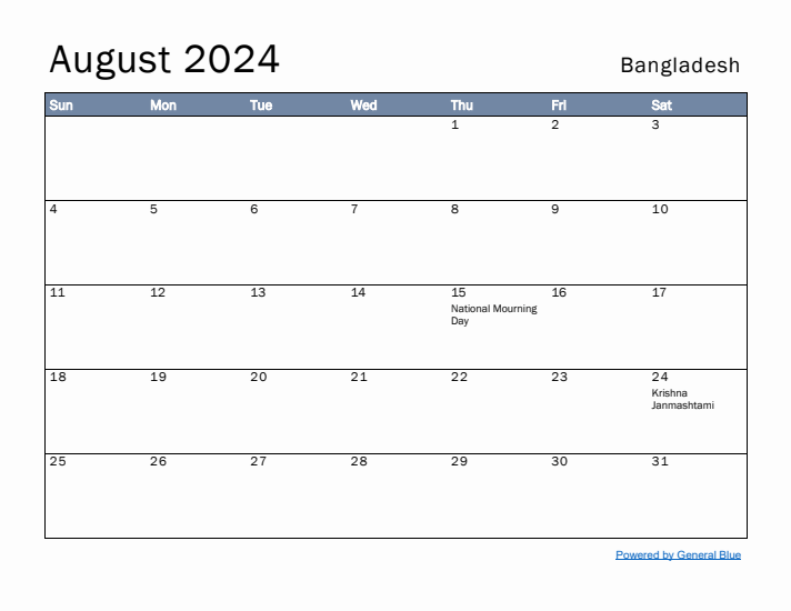 August 2024 Simple Monthly Calendar for Bangladesh