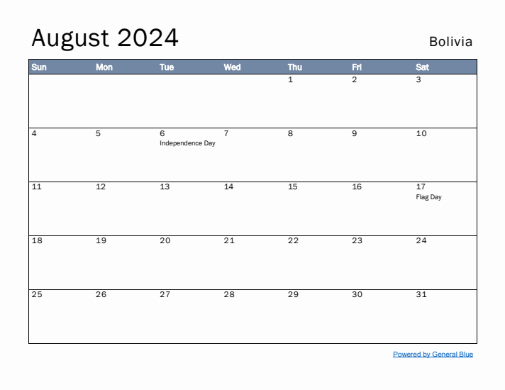 August 2024 Simple Monthly Calendar for Bolivia