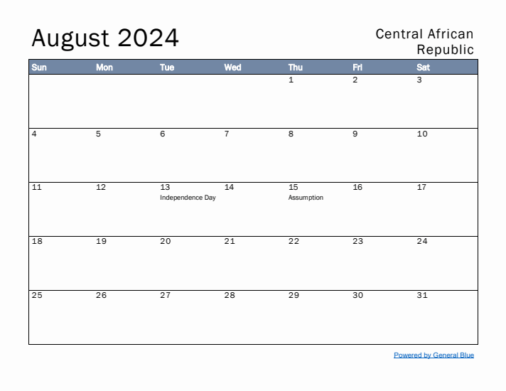 August 2024 Simple Monthly Calendar for Central African Republic