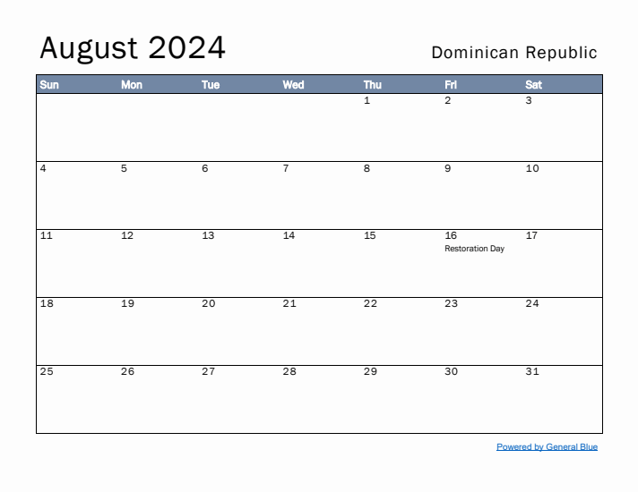 August 2024 Simple Monthly Calendar for Dominican Republic