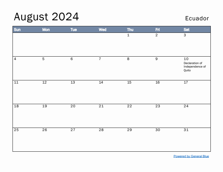 August 2024 Simple Monthly Calendar for Ecuador