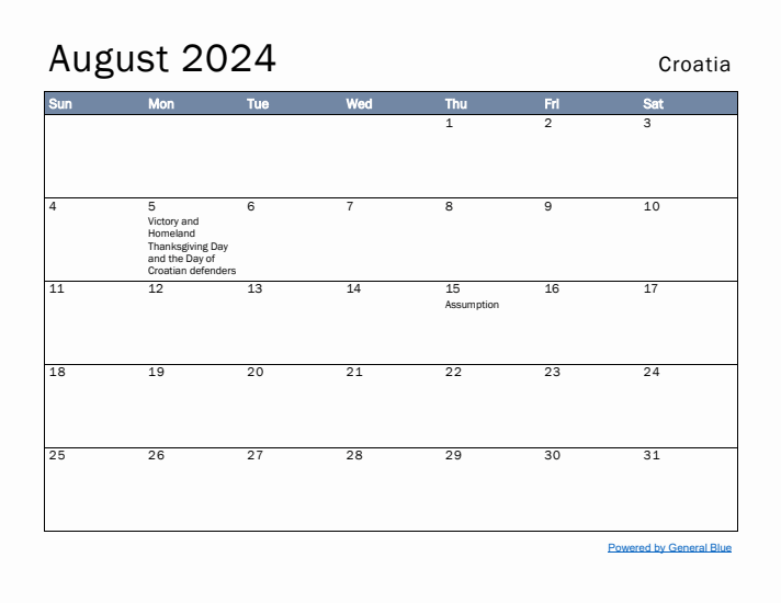 August 2024 Simple Monthly Calendar for Croatia