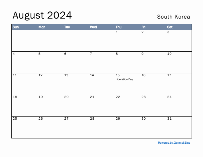 August 2024 Simple Monthly Calendar for South Korea