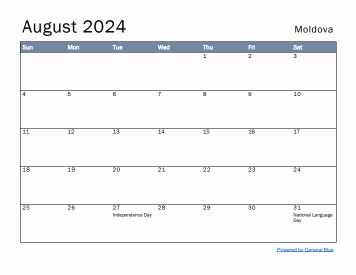 August 2024 Simple Monthly Calendar for Moldova