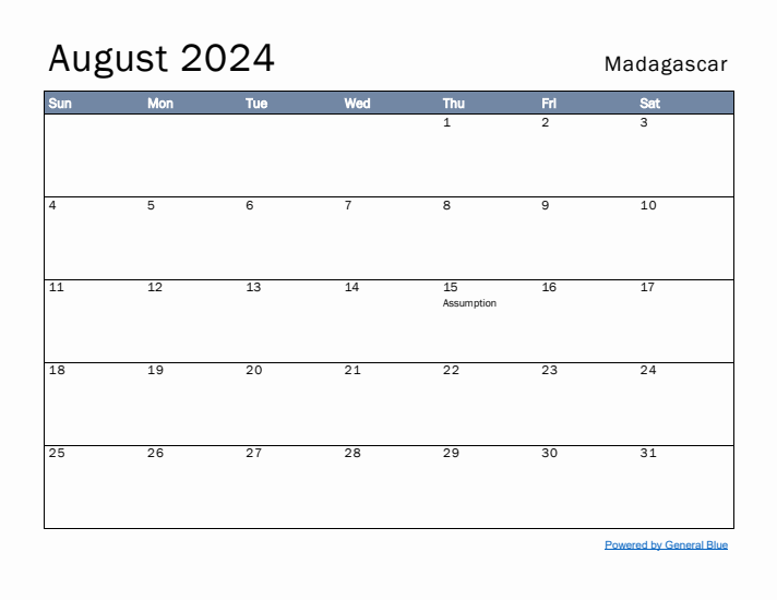 August 2024 Simple Monthly Calendar for Madagascar