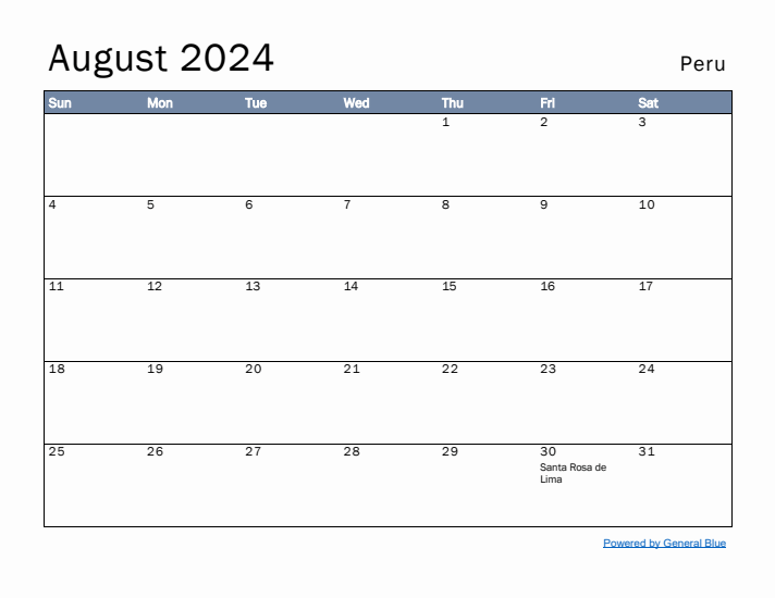 August 2024 Simple Monthly Calendar for Peru