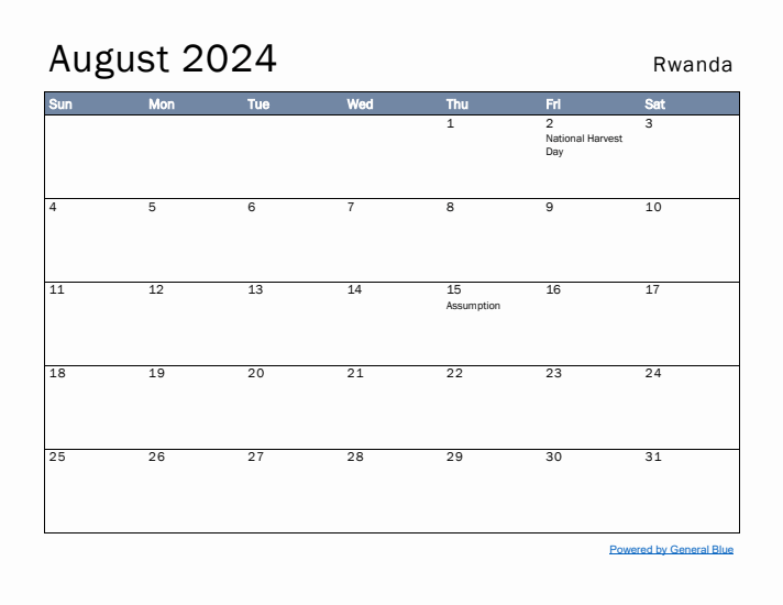 August 2024 Simple Monthly Calendar for Rwanda