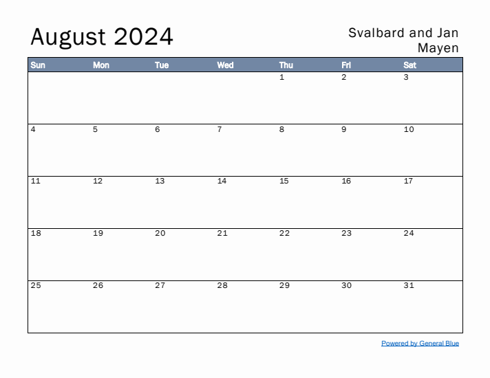 August 2024 Simple Monthly Calendar for Svalbard and Jan Mayen