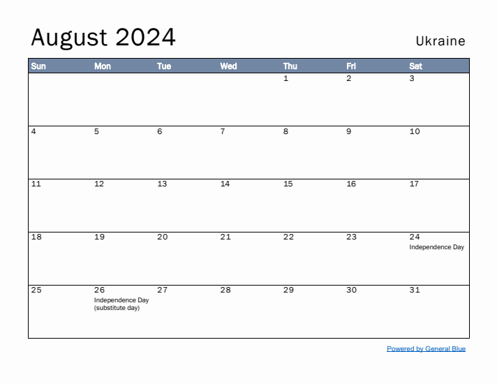 August 2024 Simple Monthly Calendar for Ukraine